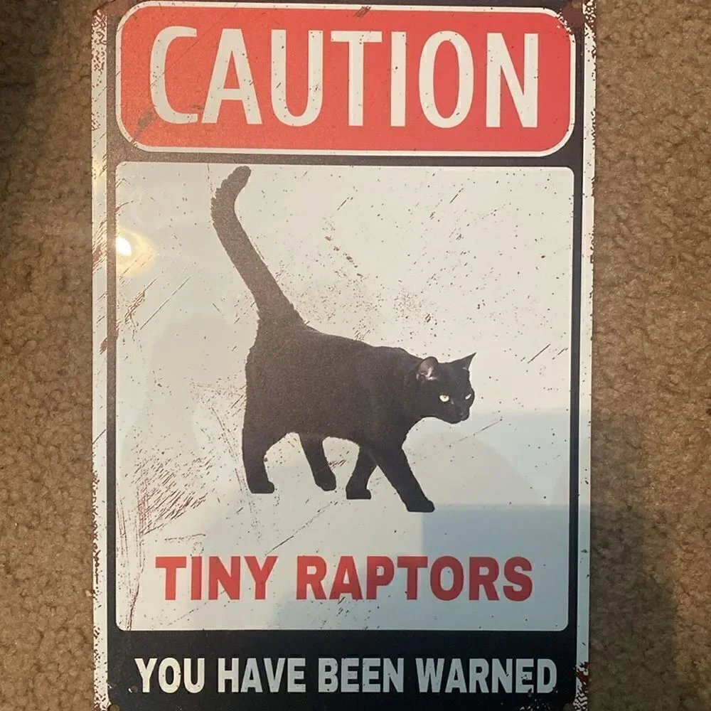 Caution Tiny Raptors Metal Sign - Humorous Black Cat Warning Sign for Home